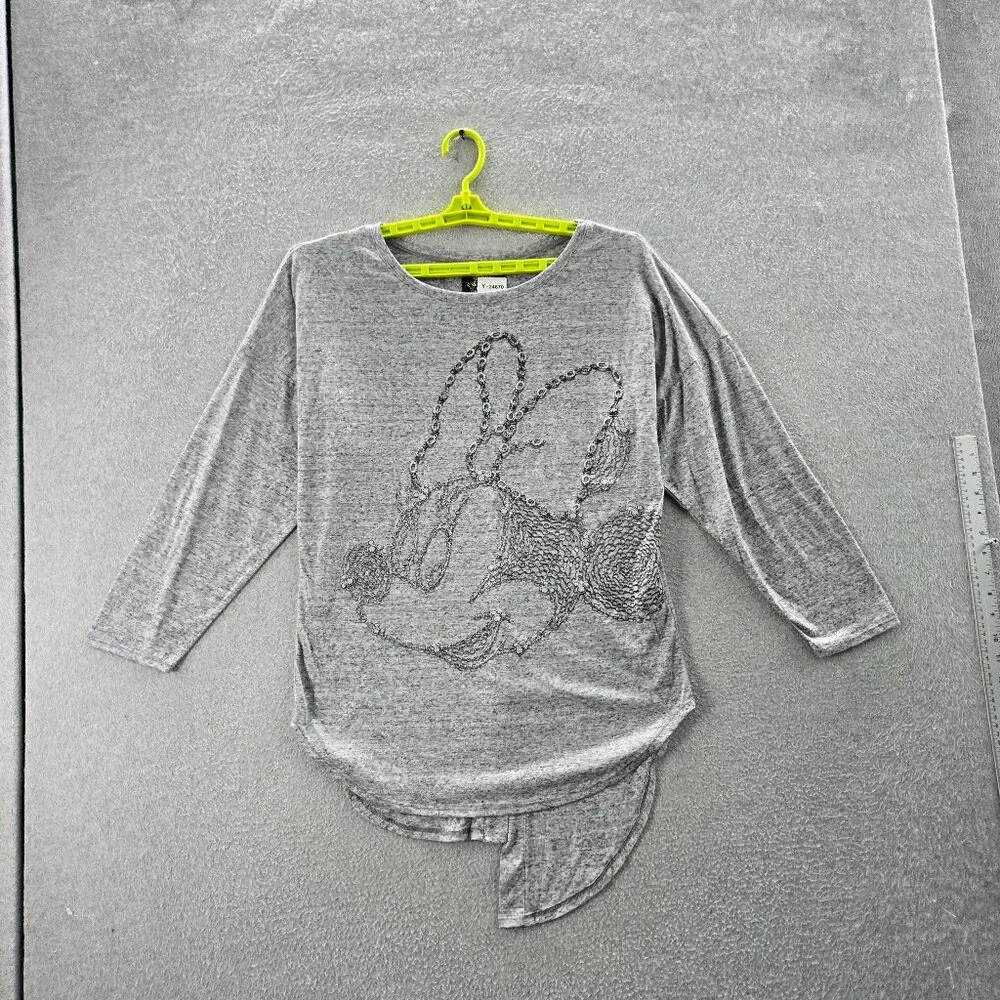 Disney Couture Women Shirt Large Gray Embroidered Sequin Crew‎ Neck Pullover